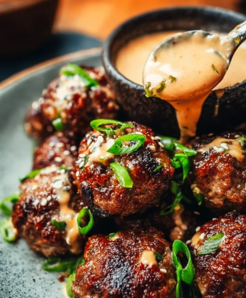 Korean BBQ Beef Meatballs Spicy Mayo Dip
