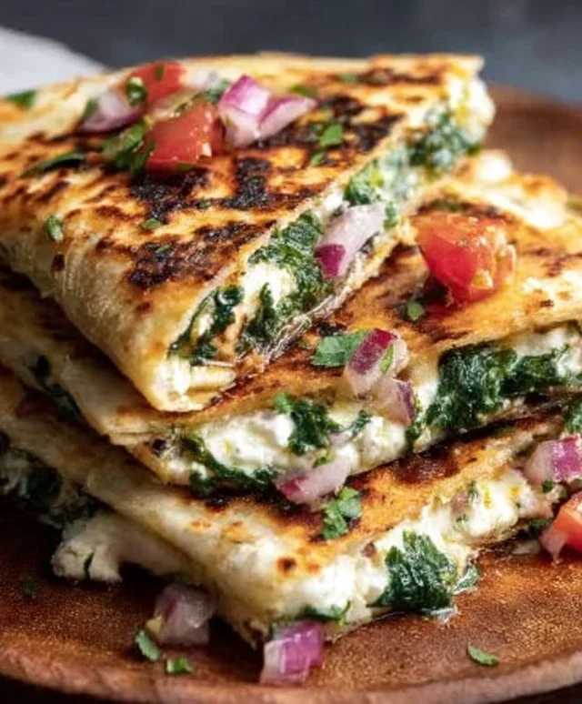 Mediterranean Quesadillas with Spinach, Feta, Mozzarella, and Red Onion