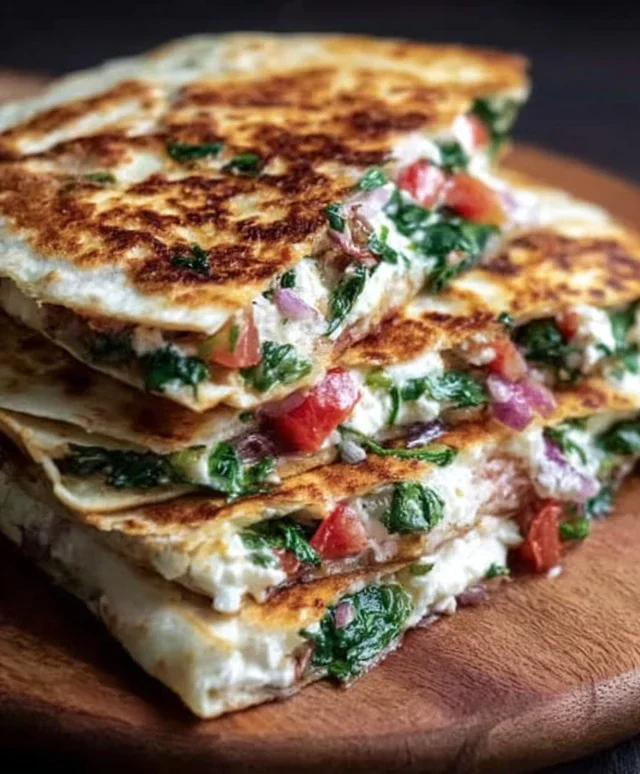 Mediterranean Quesadillas with Spinach, Feta, Mozzarella, and Red Onion