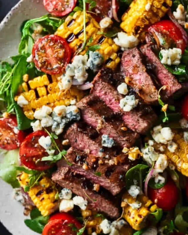 Balsamic Steak Gorgonzola Salad with Grilled Corn