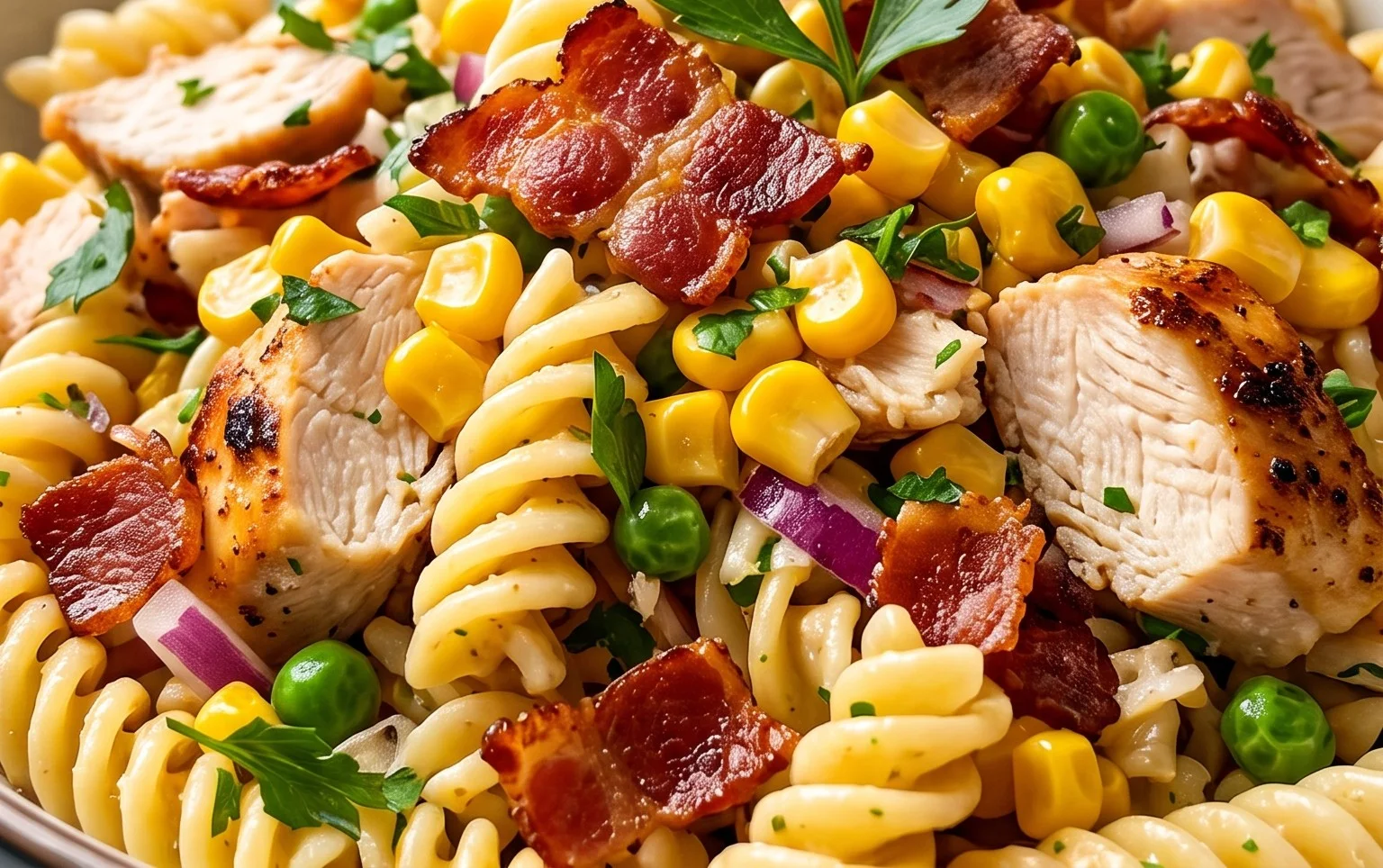 Chicken and Corn Pasta Salad with Beef Bacon