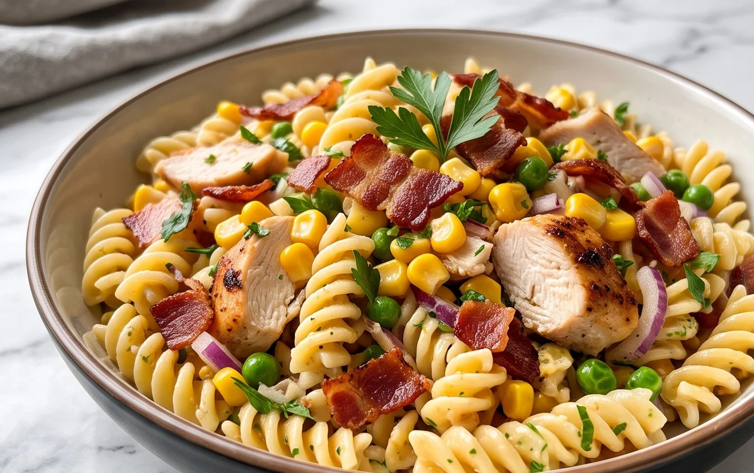 Chicken and Corn Pasta Salad with Beef Bacon