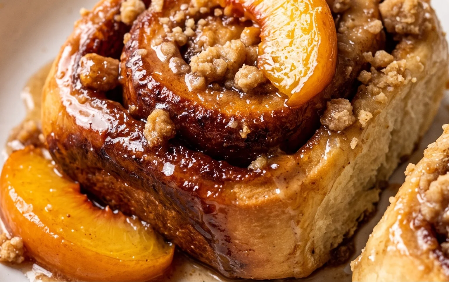 Peach Cobbler Cinnamon Rolls with Crum extractb Topping