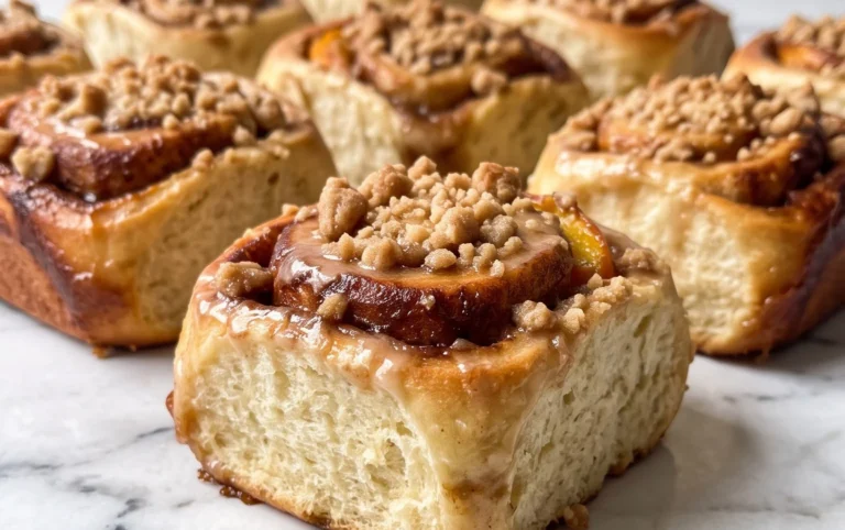 Peach Cobbler Cinnamon Rolls with Crum extractb Topping