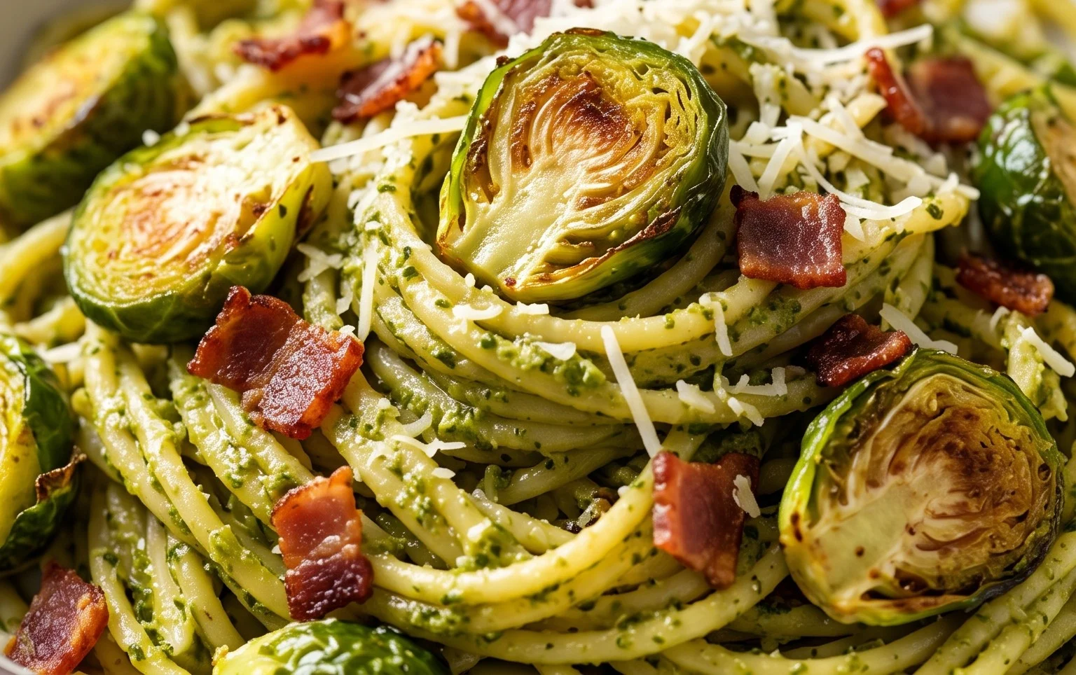 Brussels Sprouts and Beef Bacon Pesto Pasta