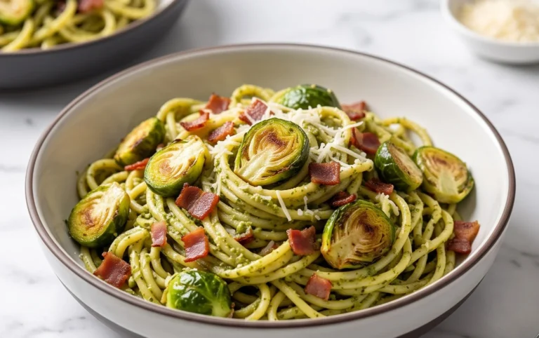 Brussels Sprouts and Beef Bacon Pesto Pasta
