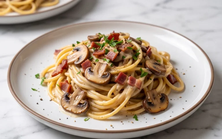 Creamy Beef Bacon and Mushroom Pasta