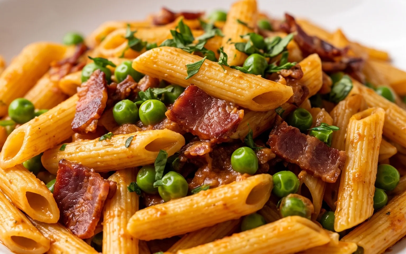 Penne Pasta, Peas and Beef Bacon