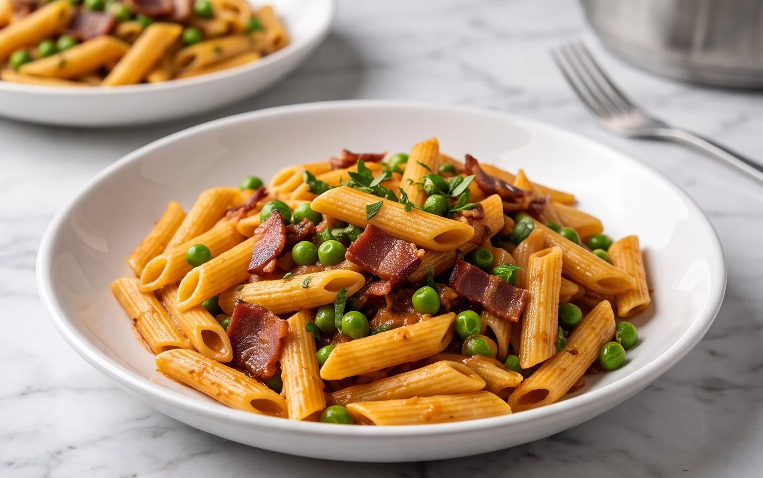 Penne Pasta, Peas and Beef Bacon