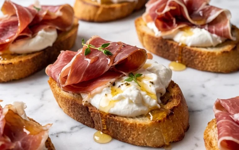 Beef Prosciutto Crostini with Burrata and Lemon Honey Drizzle